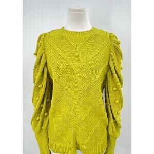 Maria Oliver Chartreuse Green Bubble Knit Cotton Sweater Puff Sleeve Green L